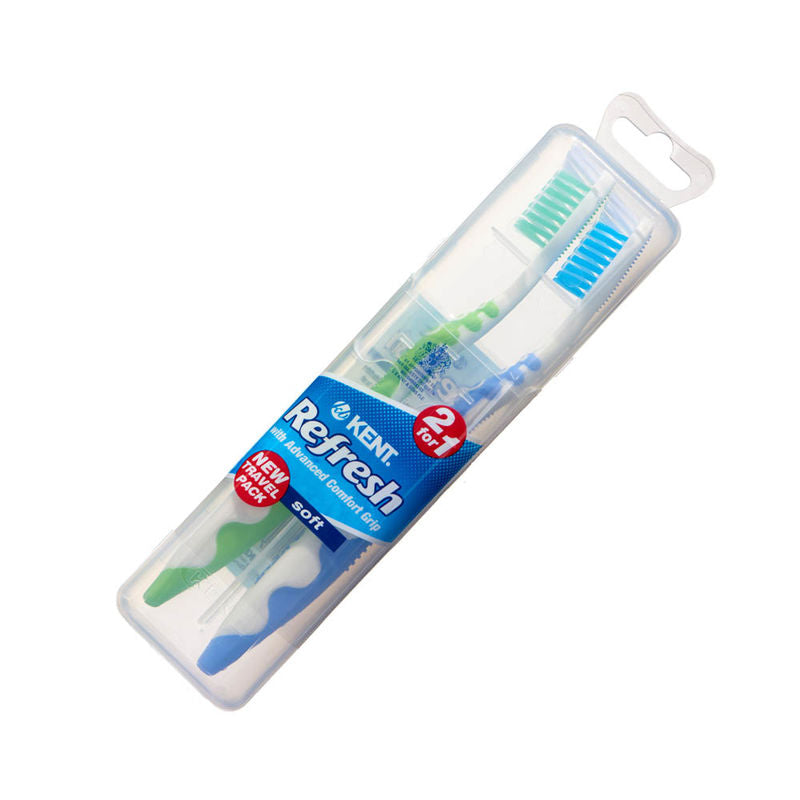 TWO SOFT NYLON TOOTHBRUSHES IN TRAVEL CASE
