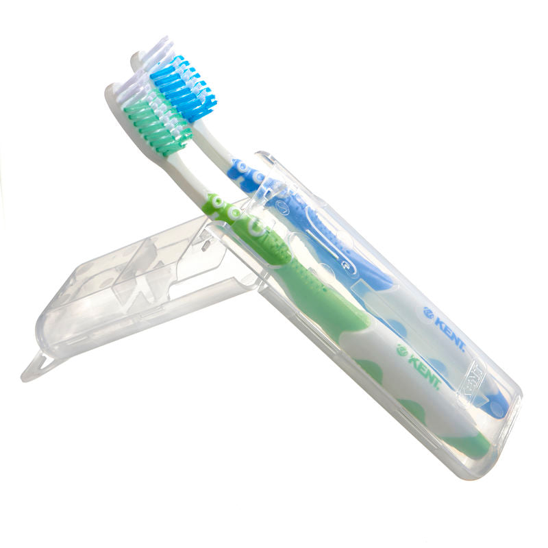 TWO SOFT NYLON TOOTHBRUSHES IN TRAVEL CASE