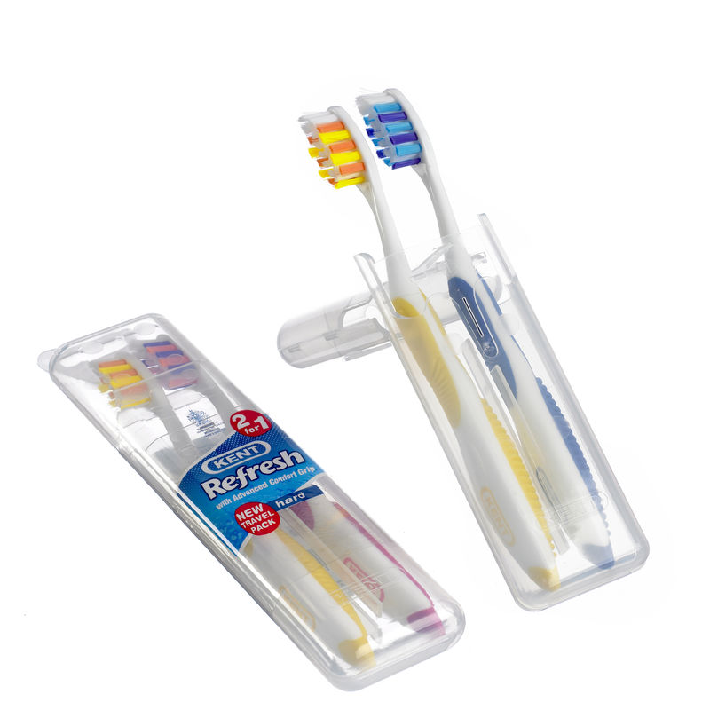 TWO HARD NYLON TOOTHBRUSHES IN TRAVEL CASE