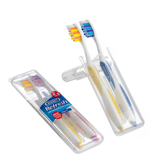 TWO HARD NYLON TOOTHBRUSHES IN TRAVEL CASE
